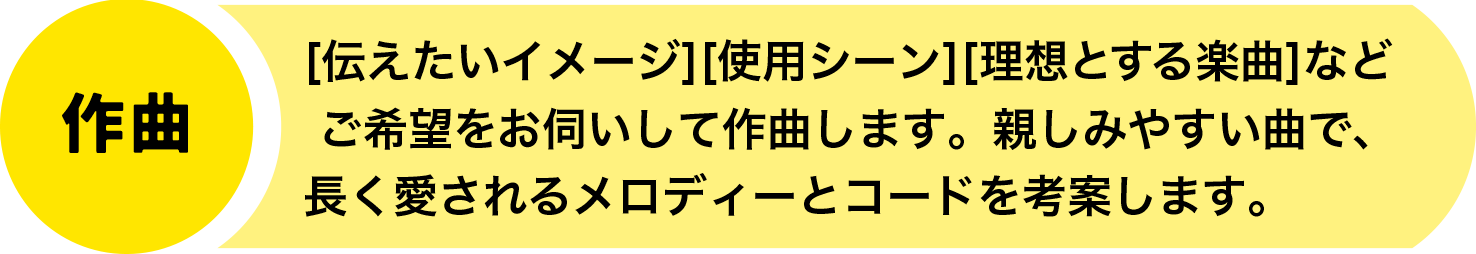 【作曲】[伝えたいイメージ][使用シーン][理想とする楽曲]などご希望をお伺いして作曲します。親しみやすい曲で、長く愛されるメロディーとコードを考案します。